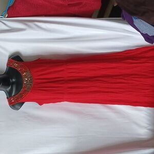 Red maxi beaded dress with sequins, and light weight gauze material,